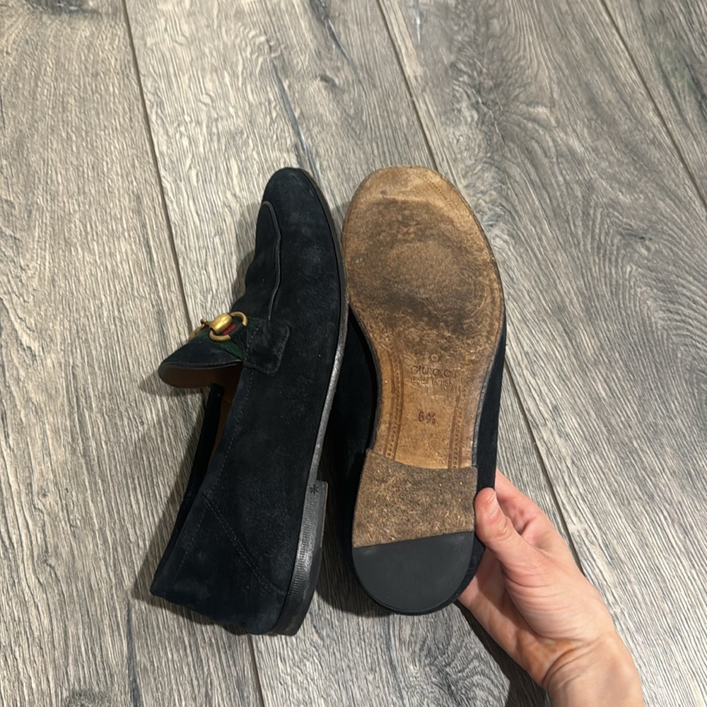 • GUCCI • Men’s Horsebit Web Suede Loafers Navy Blue / Gold Hardware 6.5 - Picture 5 of 6